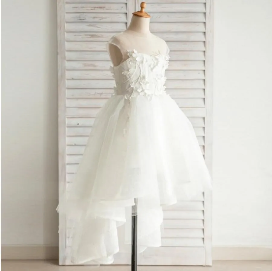 Fashion Hi-low Lovely Appliques Cap Sleeve  Open Back See-through Tulle Flower Girl Dresses, FGS029