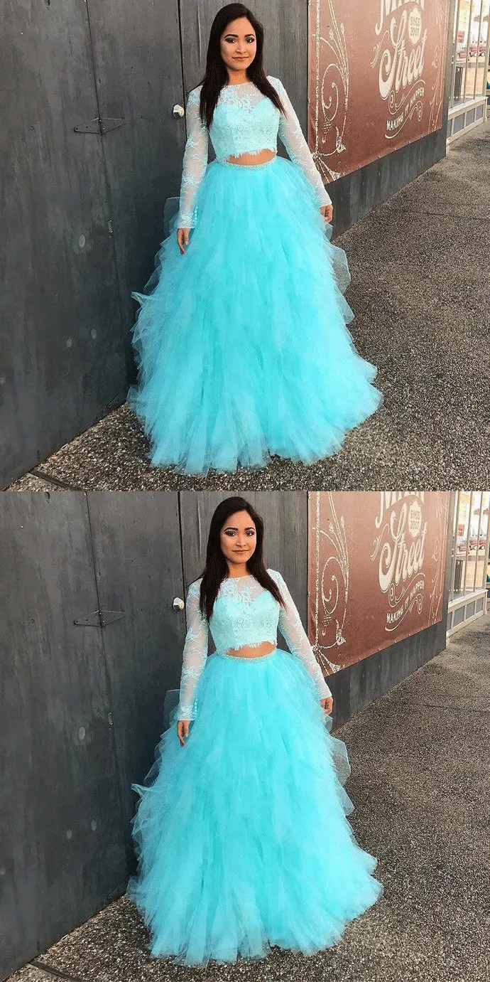 Full Sleeve Evening Dress, Two Piece Tulle Lace Top Prom Dresses, Elegant Formal Dress OKE90
