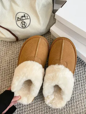 Genuine leather elevated warm fleece slip-on slippers