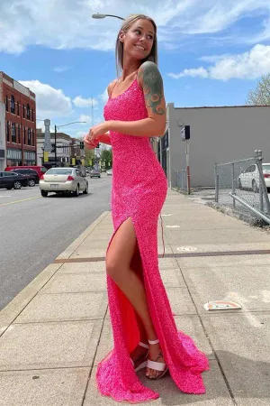 Glitter Straps Hot Pink Sequins Prom Evening Dress with Slit TP1048