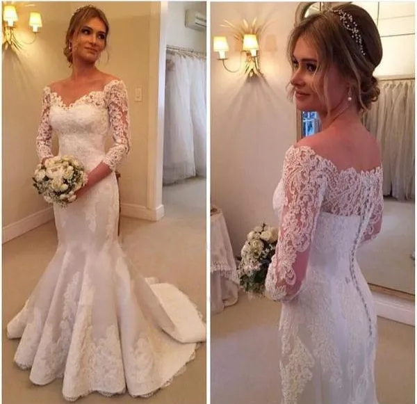Gorgeous Lace V-Neck 3/4 Sleeves Mermaid Long Wedding Dress Ball Gowns, SW151