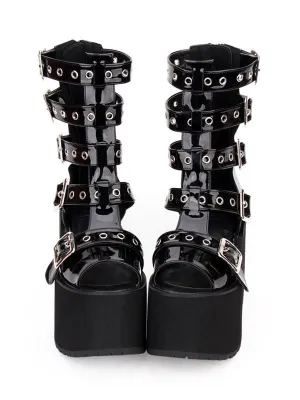 Gothic Lolita Sandal Boots Grommet Metallic Buckle Platform Black Lolita Footwear