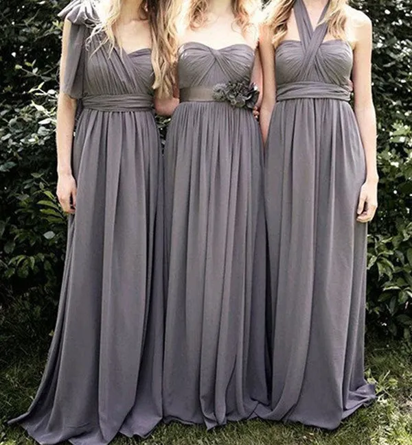Gray A Line Convertible Chiffon Cheap Long Bridesmaid Dresses for Wedding Party, BD37