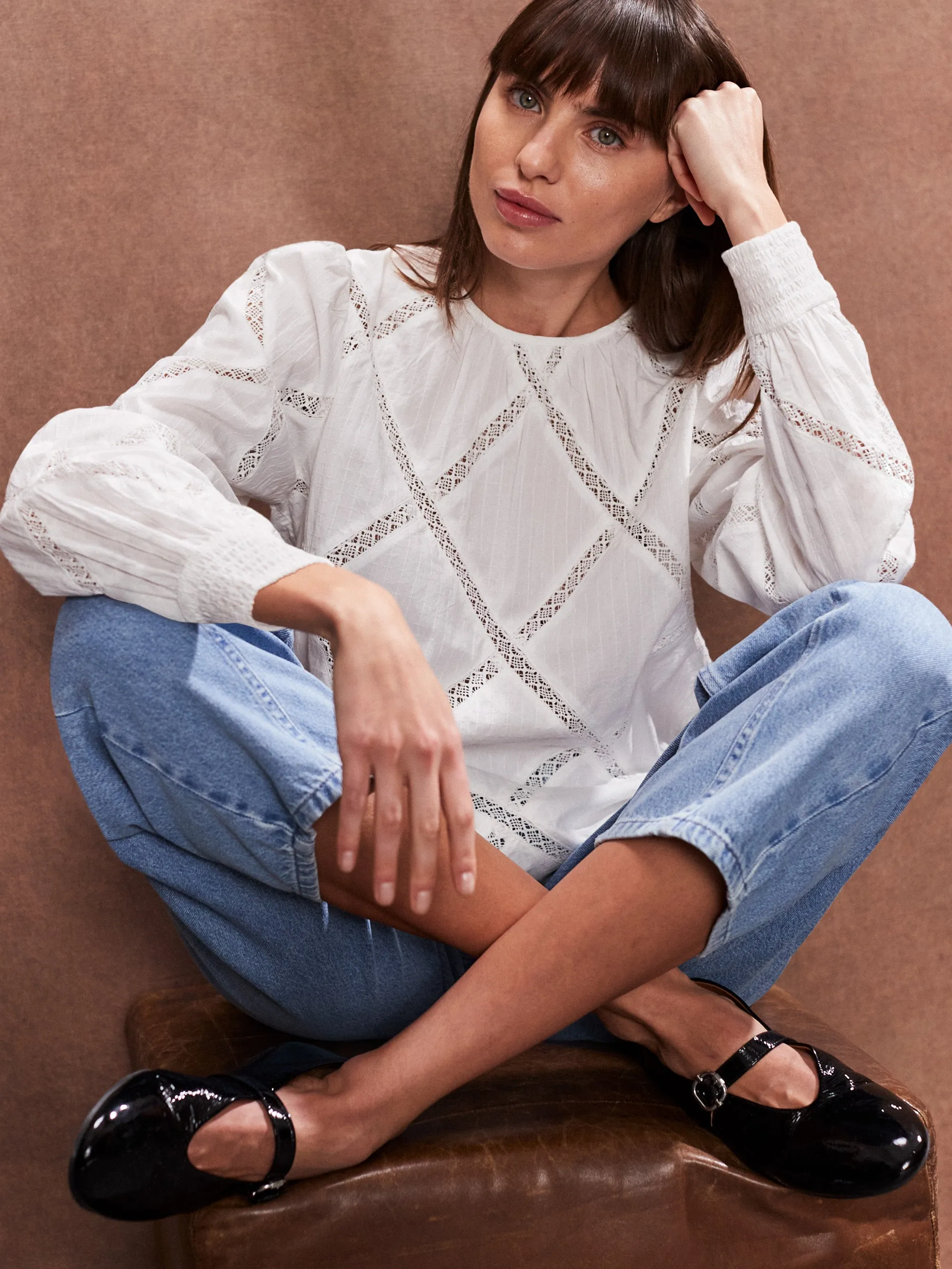 Ivory Diamond Lace Trim Blouse