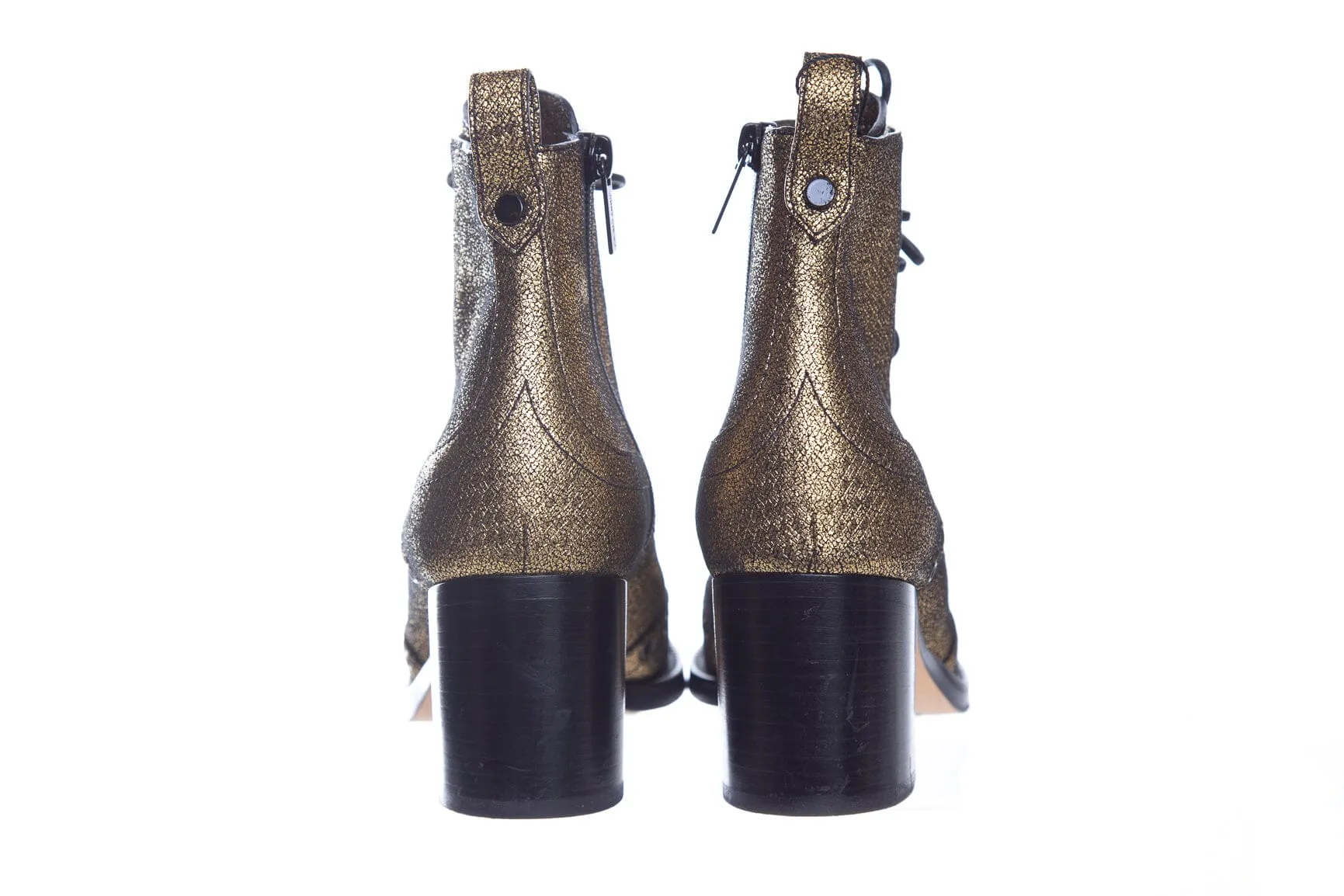 Jimmy Choo Gold Heel Combat Booties SZ 37