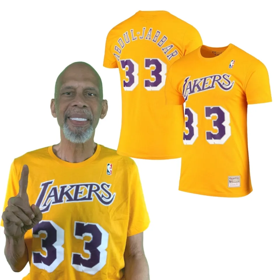 Kareem Abdul-Jabbar #33 Lakers Gold Hardwood Classics Stitch Name & Number T-Shirt