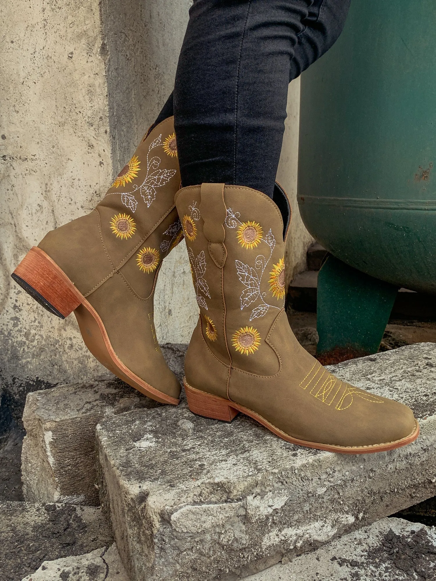 Khaki Sunflower Embroidered Knee Cowboy Boots