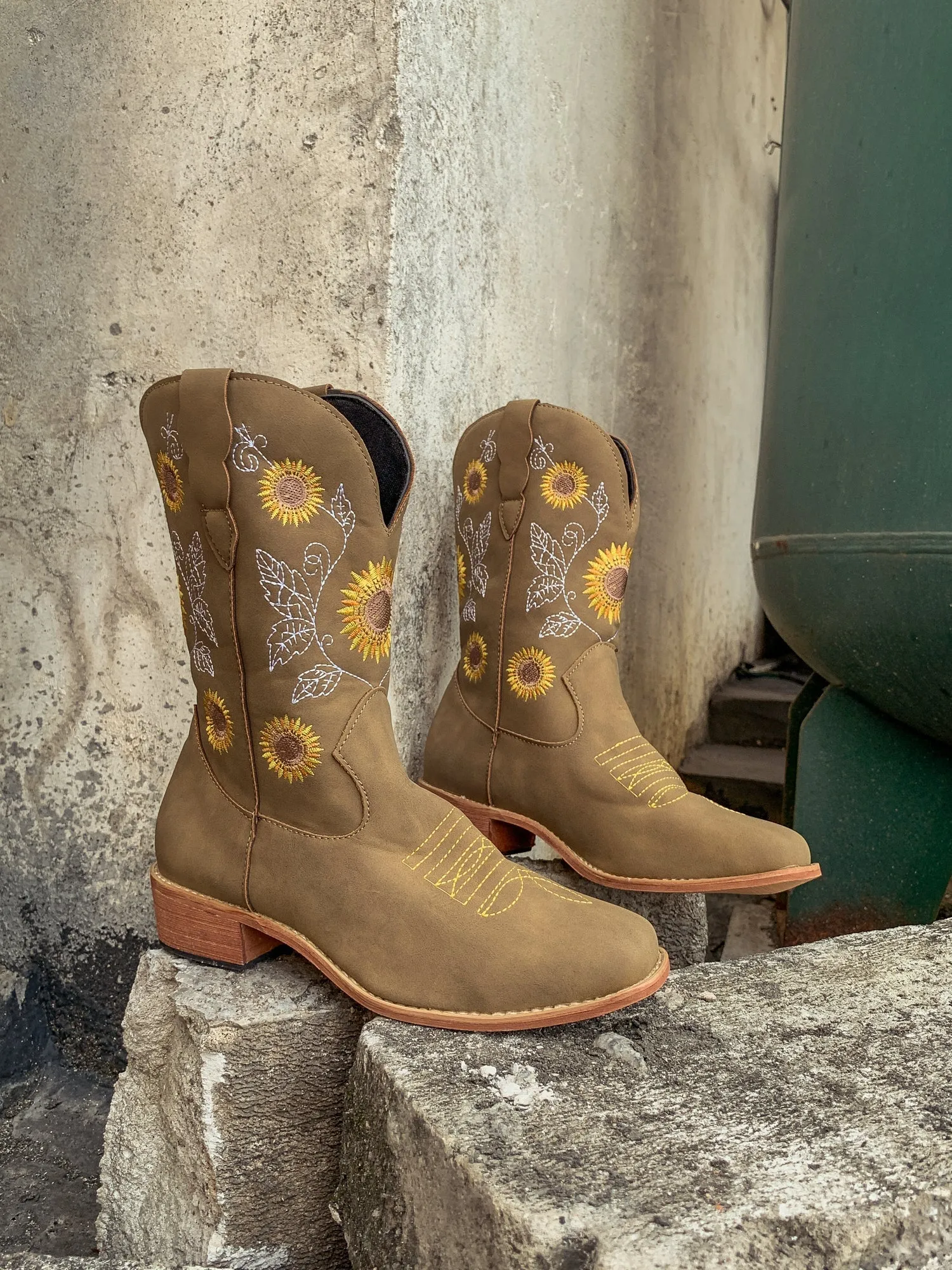 Khaki Sunflower Embroidered Knee Cowboy Boots