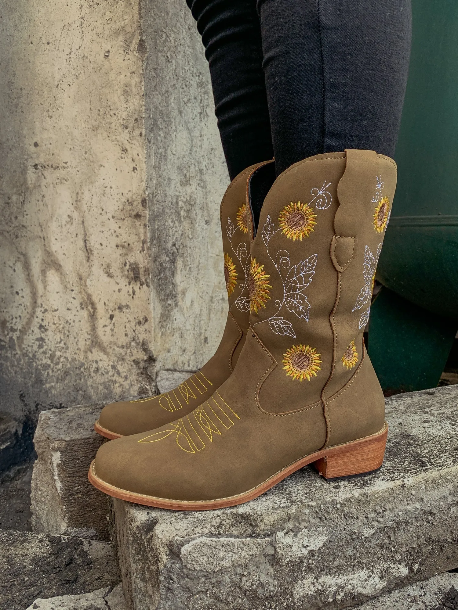 Khaki Sunflower Embroidered Knee Cowboy Boots