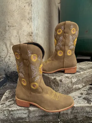 Khaki Sunflower Embroidered Knee Cowboy Boots