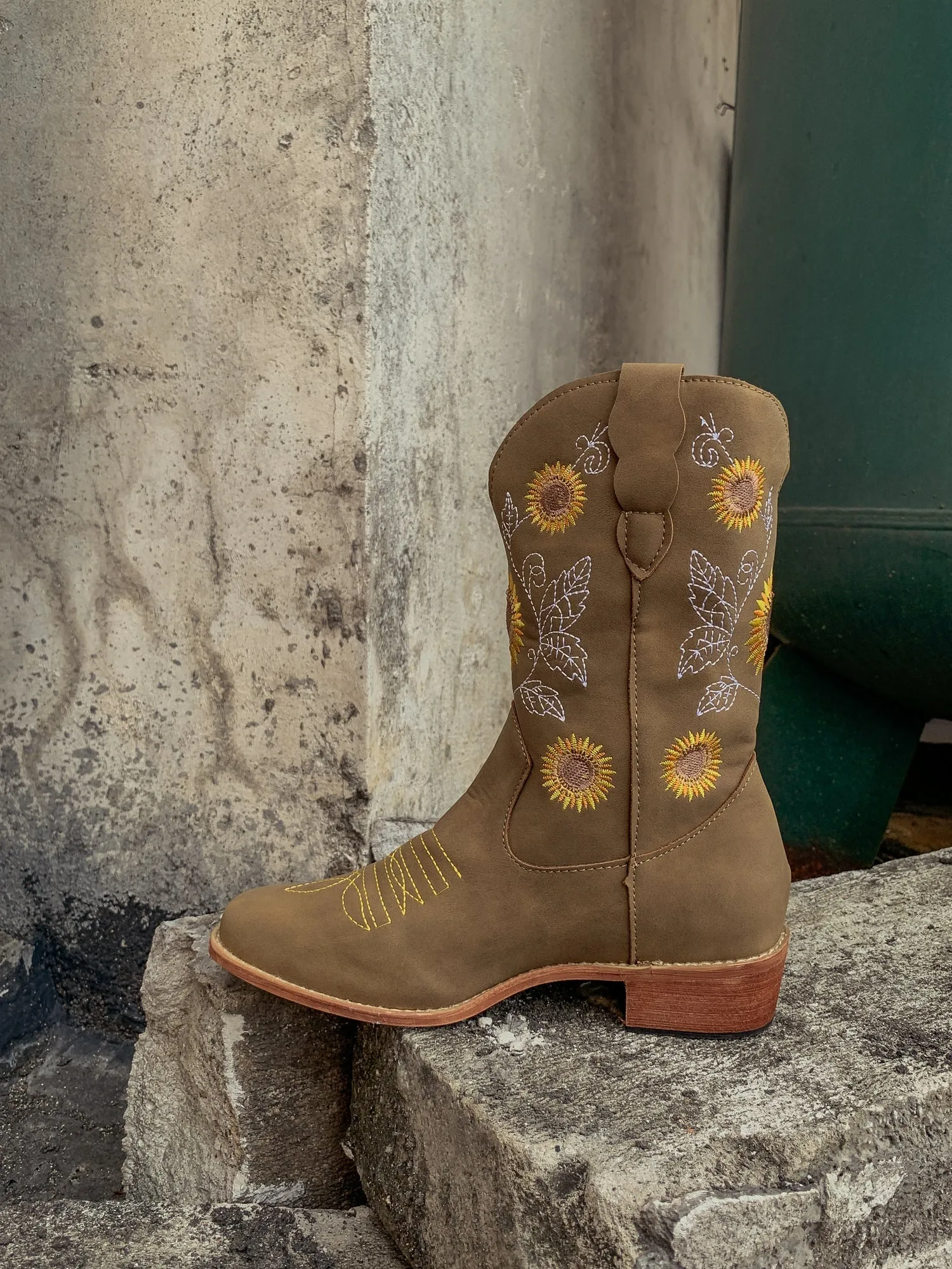 Khaki Sunflower Embroidered Knee Cowboy Boots