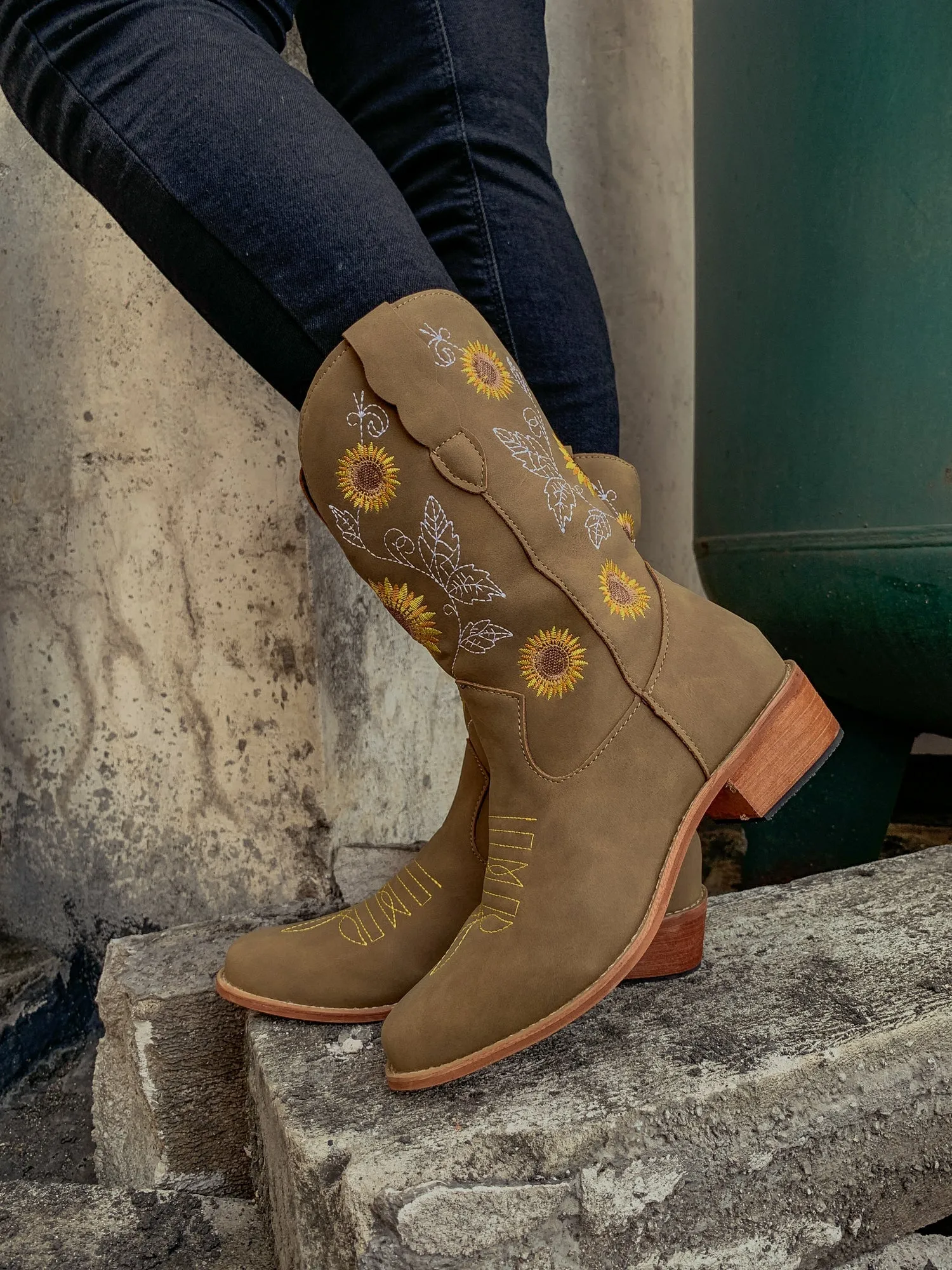 Khaki Sunflower Embroidered Knee Cowboy Boots