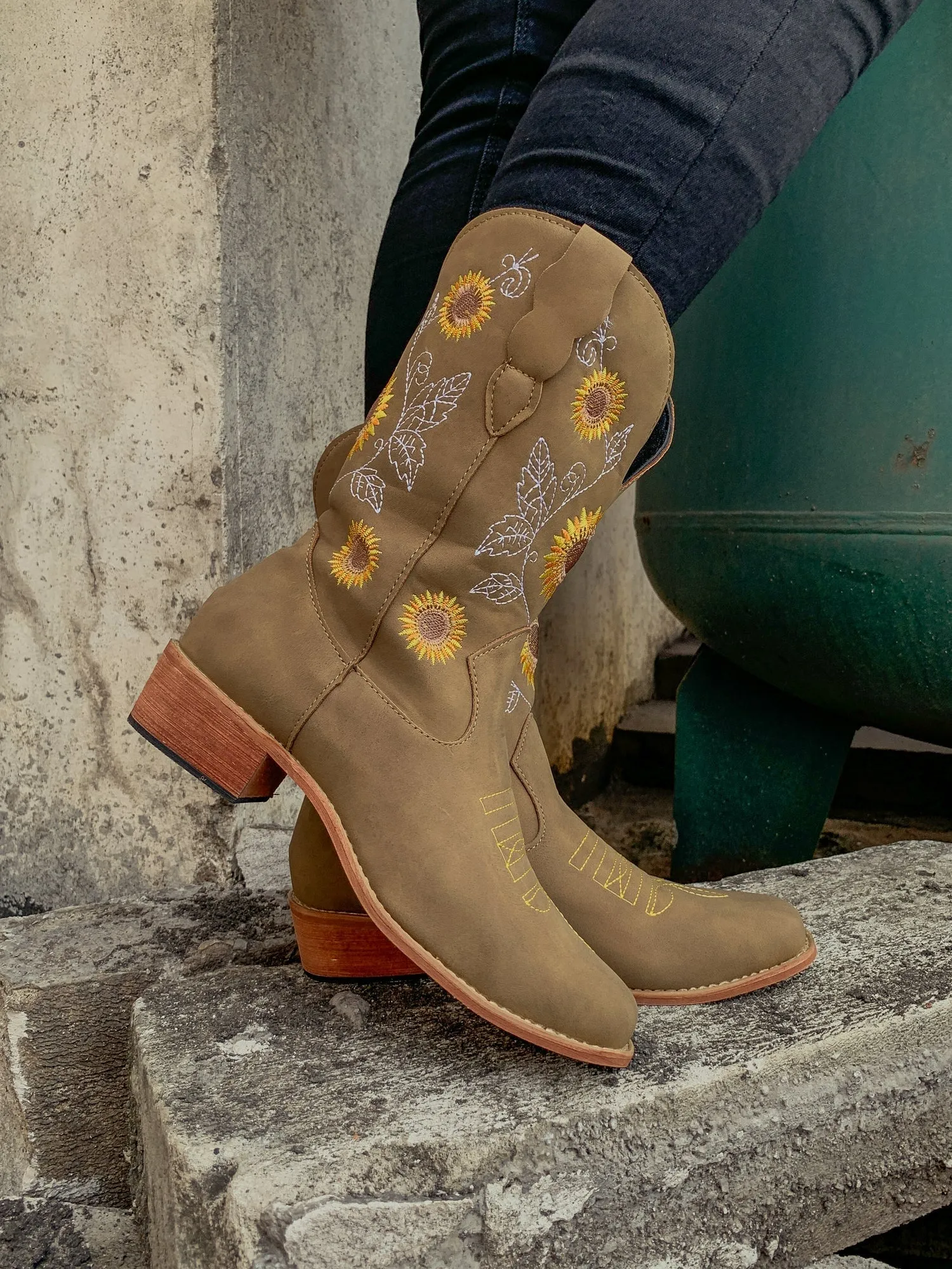 Khaki Sunflower Embroidered Knee Cowboy Boots