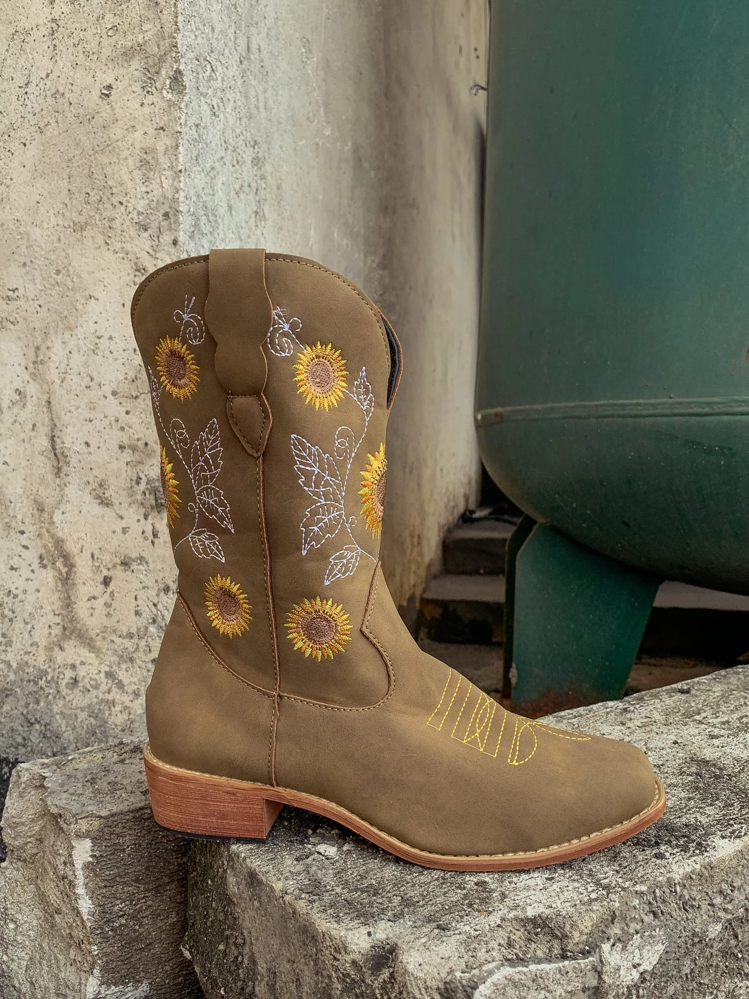 Khaki Sunflower Embroidered Knee Cowboy Boots