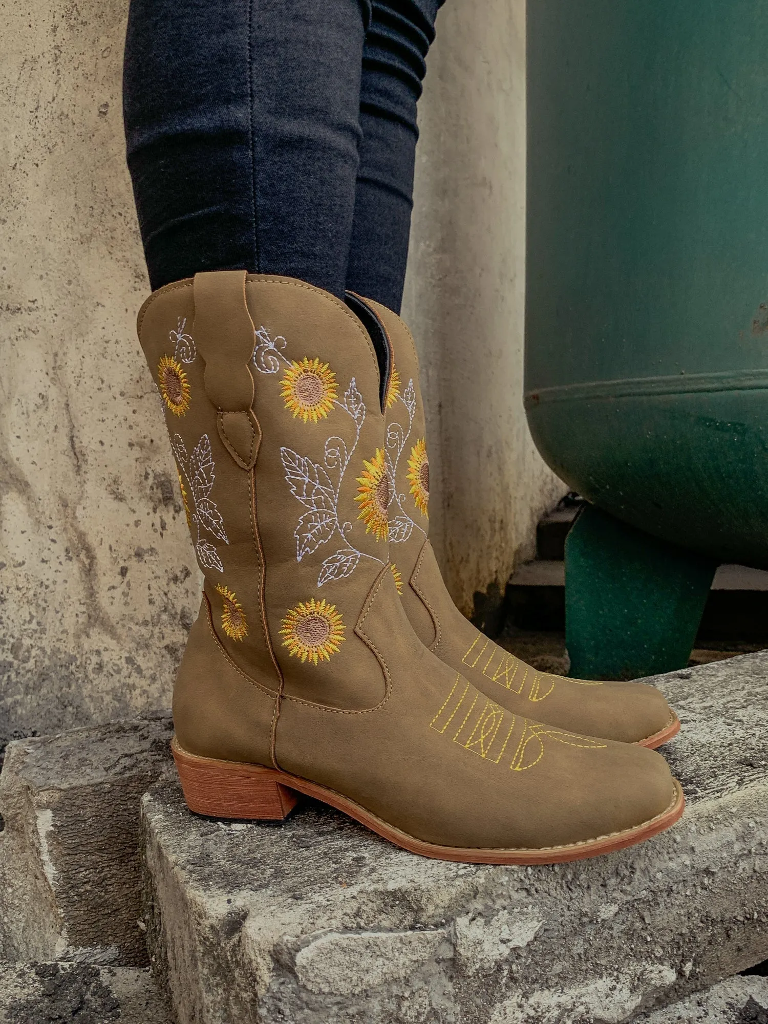 Khaki Sunflower Embroidered Knee Cowboy Boots