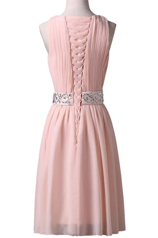 Knee-Length Sleeveless Pink Homecoming Dress With Beading Waist TR0069