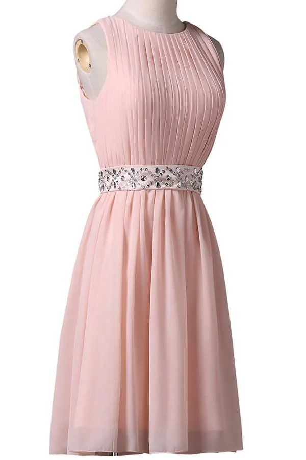 Knee-Length Sleeveless Pink Homecoming Dress With Beading Waist TR0069