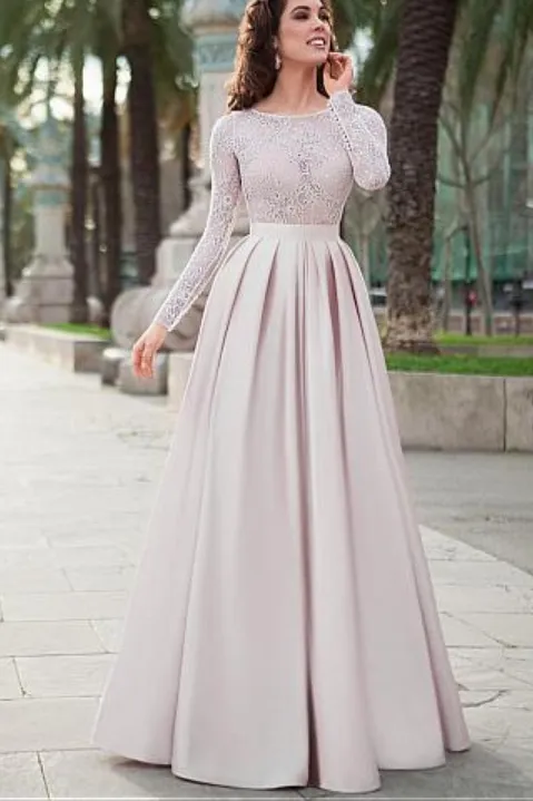 Lace Top Satin Jewel Neckline Long Sleeves A-line Prom Dresses Evening Dress OK890