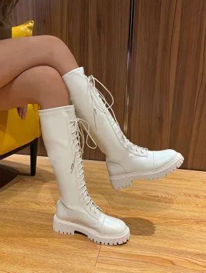 Lace-up Front Chunky Heeled Combat Boots  - Beige - FD ⚡