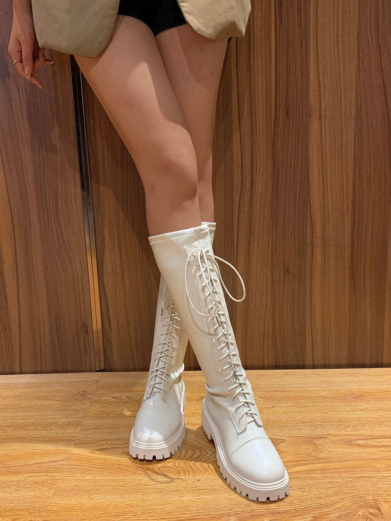 Lace-up Front Chunky Heeled Combat Boots  - Beige - FD ⚡