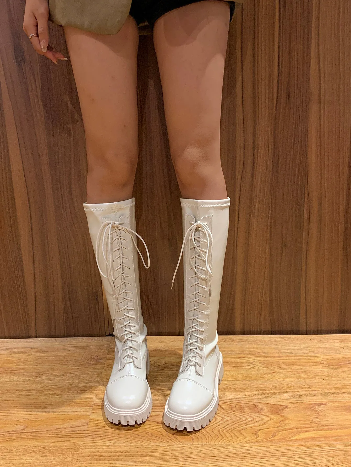Lace-up Front Chunky Heeled Combat Boots  - Beige - FD ⚡