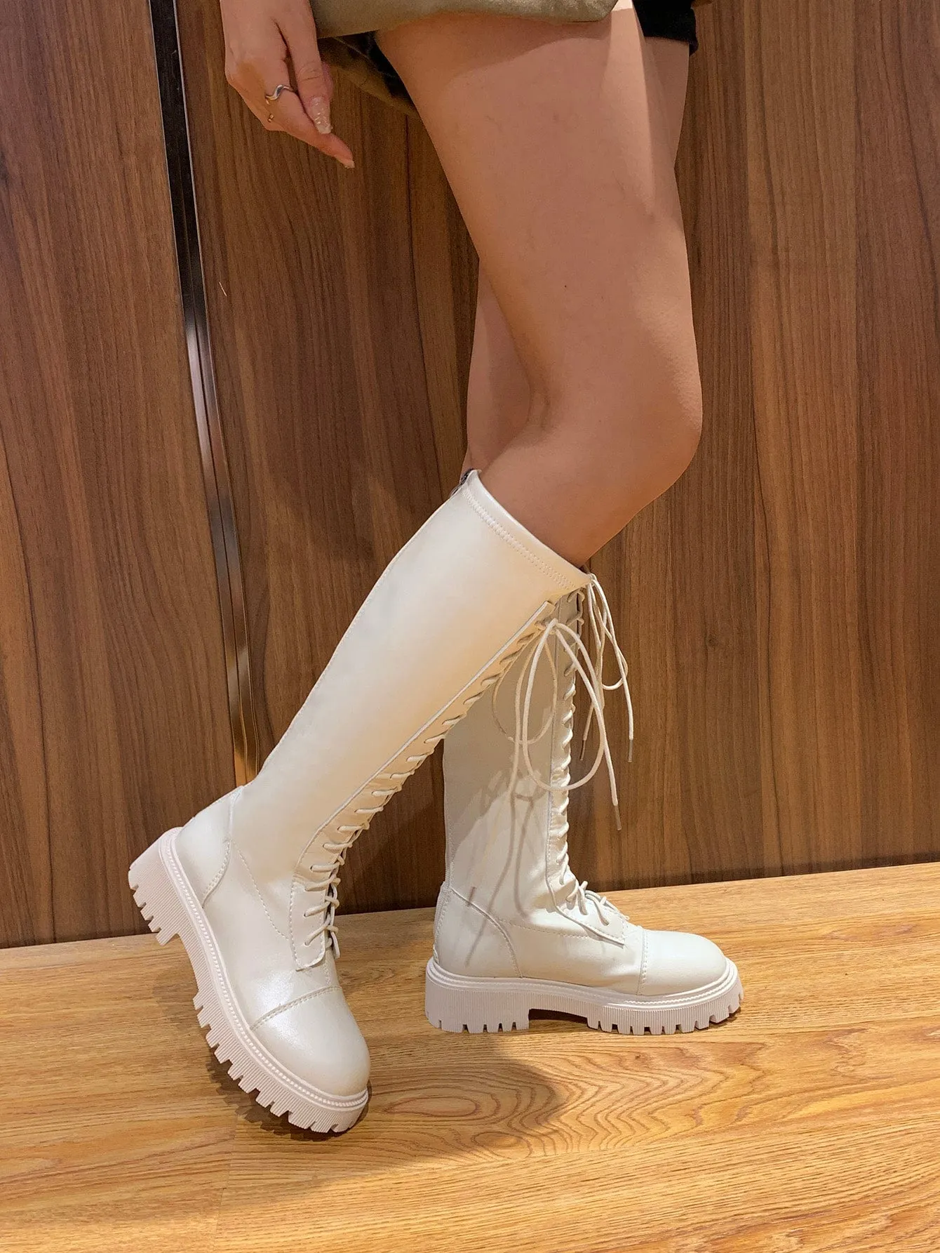 Lace-up Front Chunky Heeled Combat Boots  - Beige - FD ⚡