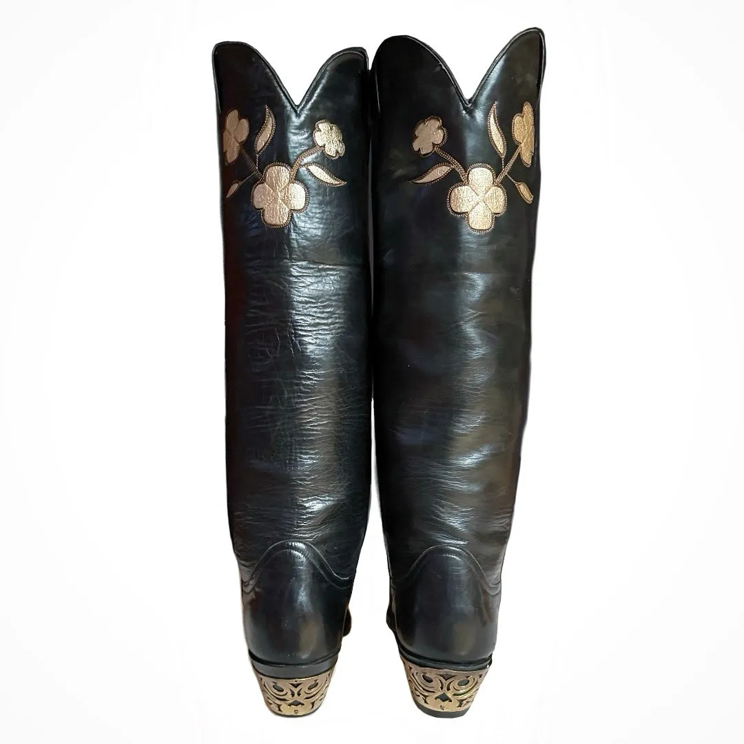 LARRY MAHAN Vintage Butterfly Knee High Black Cowboy Boots