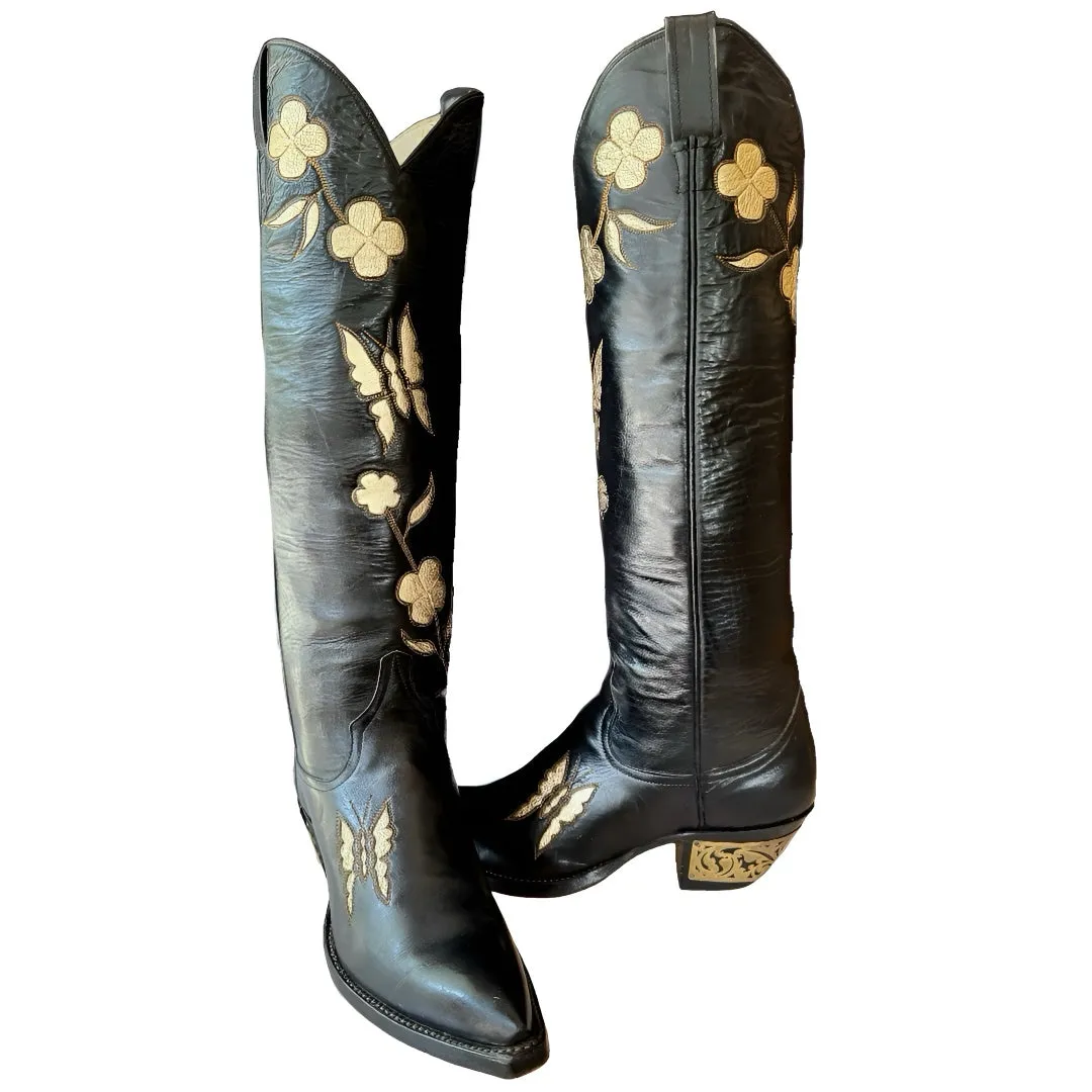 LARRY MAHAN Vintage Butterfly Knee High Black Cowboy Boots