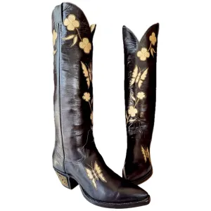 LARRY MAHAN Vintage Butterfly Knee High Black Cowboy Boots