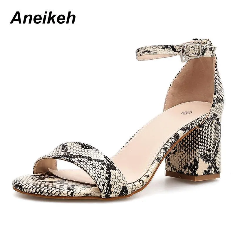 Leopard Print Women Sandals High HeelsAnkle Strap Square Heel