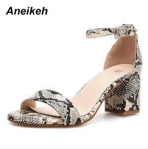 Leopard Print Women Sandals High HeelsAnkle Strap Square Heel