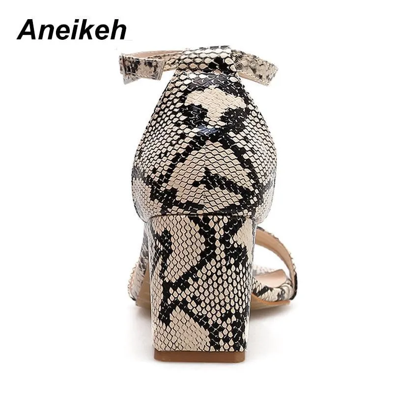 Leopard Print Women Sandals High HeelsAnkle Strap Square Heel