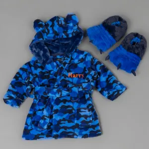 Lulabay baby boys personalised Camo print dressing gown and monster slipper gift set