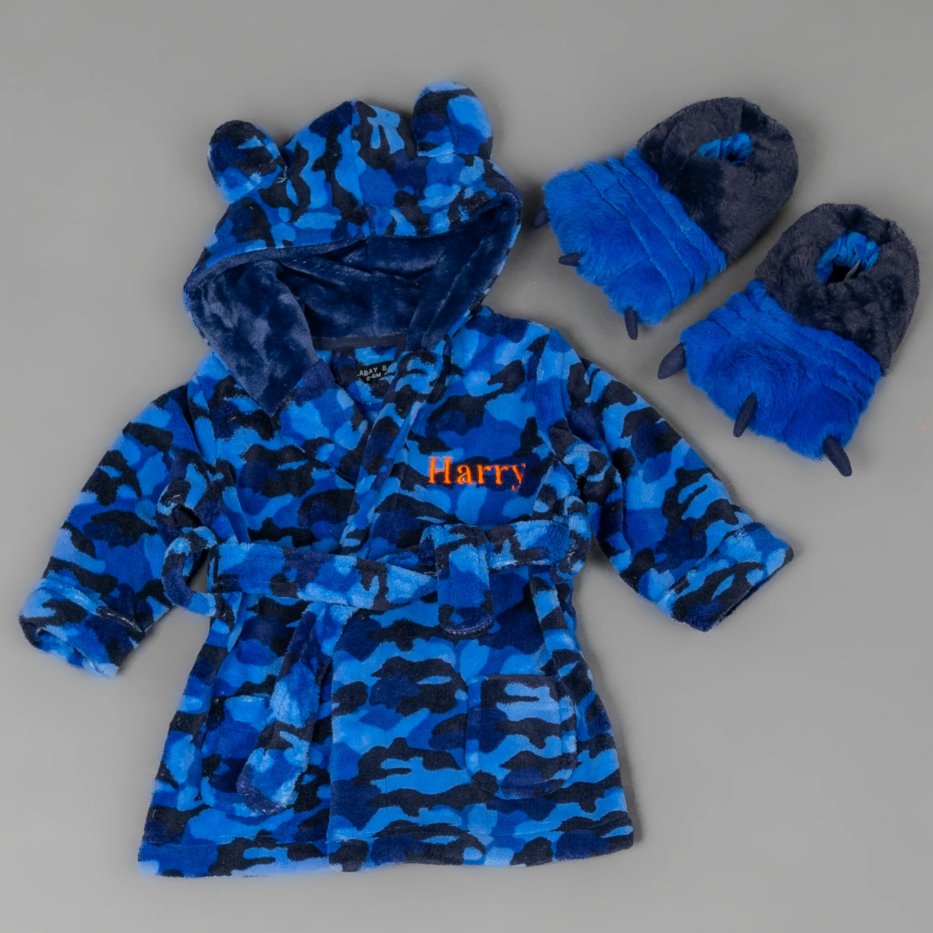 Lulabay baby boys personalised Camo print dressing gown and monster slipper gift set