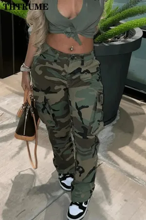 Make a Statement with our Camouflage Cargo Pants Big Pockets High Waist Camo Straight Trousers
