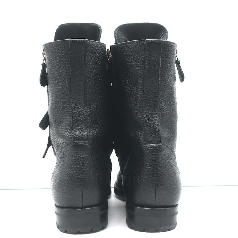 Manolo Blahnik Combat Boots Lugata Black Grained Leather Size 37.5