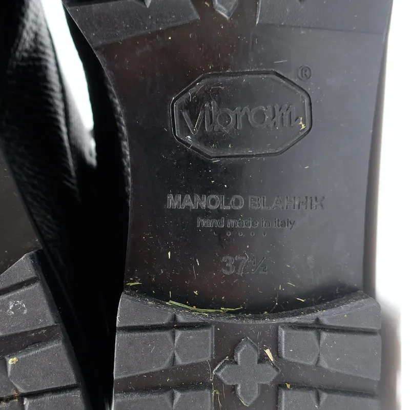 Manolo Blahnik Combat Boots Lugata Black Grained Leather Size 37.5