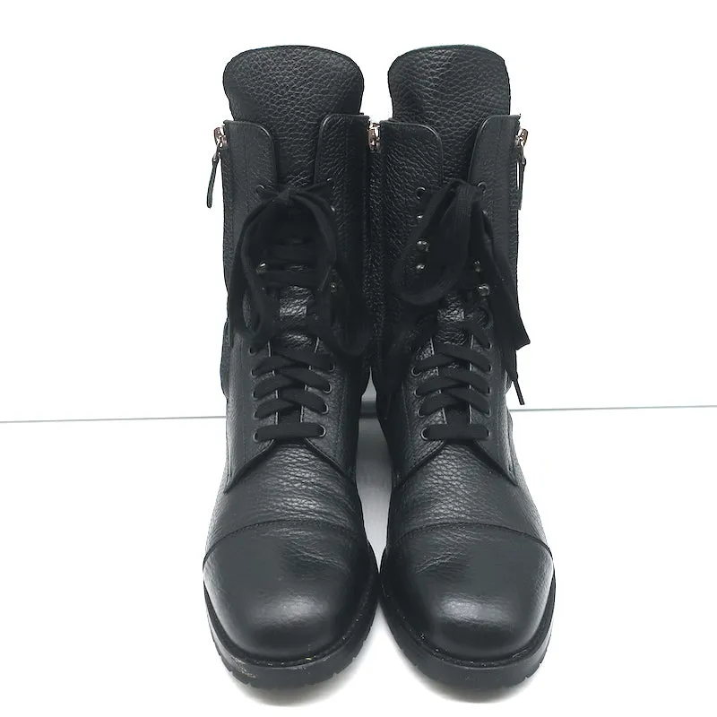 Manolo Blahnik Combat Boots Lugata Black Grained Leather Size 37.5