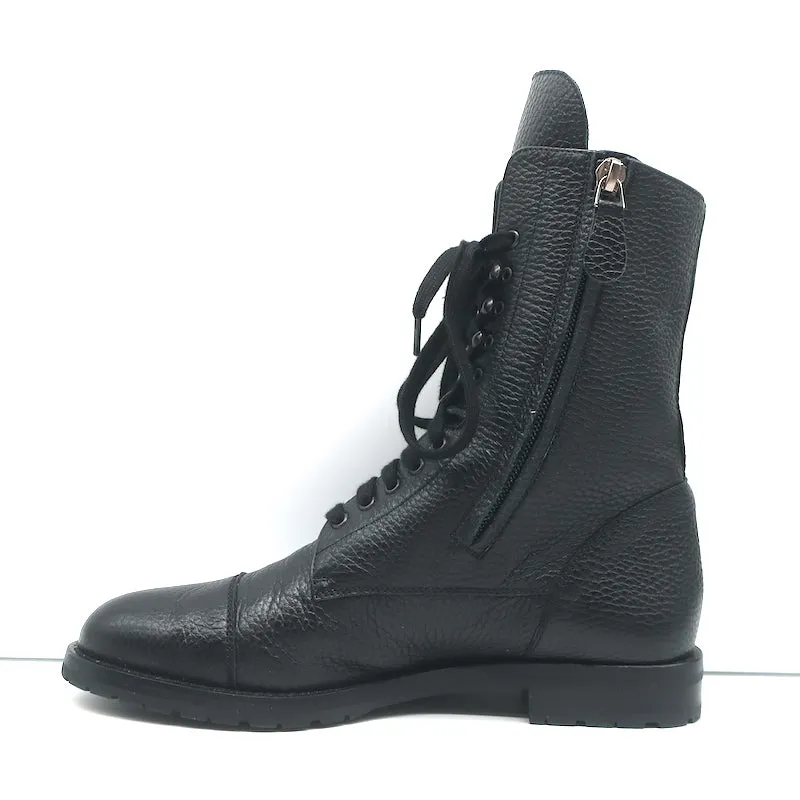 Manolo Blahnik Combat Boots Lugata Black Grained Leather Size 37.5