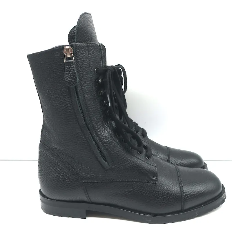 Manolo Blahnik Combat Boots Lugata Black Grained Leather Size 37.5