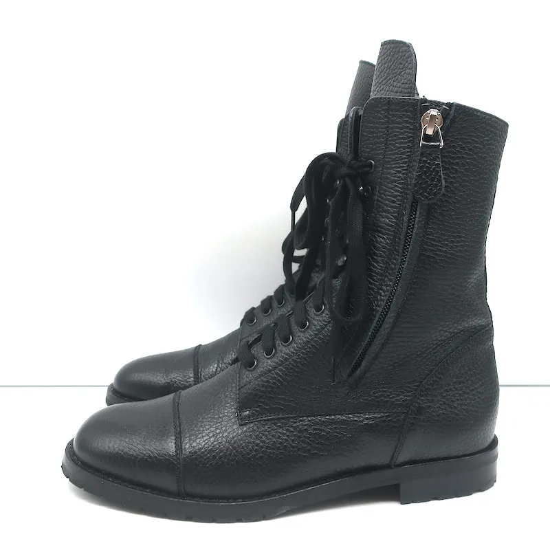 Manolo Blahnik Combat Boots Lugata Black Grained Leather Size 37.5