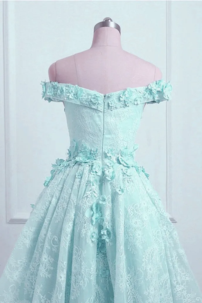 Mint Green Lace Off Shoulder High Low Party Dress, Short Prom Dress Formal Dress
