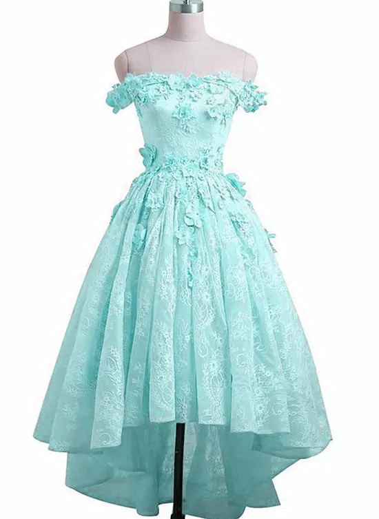 Mint Green Lace Off Shoulder High Low Party Dress, Short Prom Dress Formal Dress