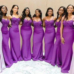 Mismatched Purple Lilac Spaghetti Straps Lace Top Mermaid Long Bridesmaid Dresses, BD3234
