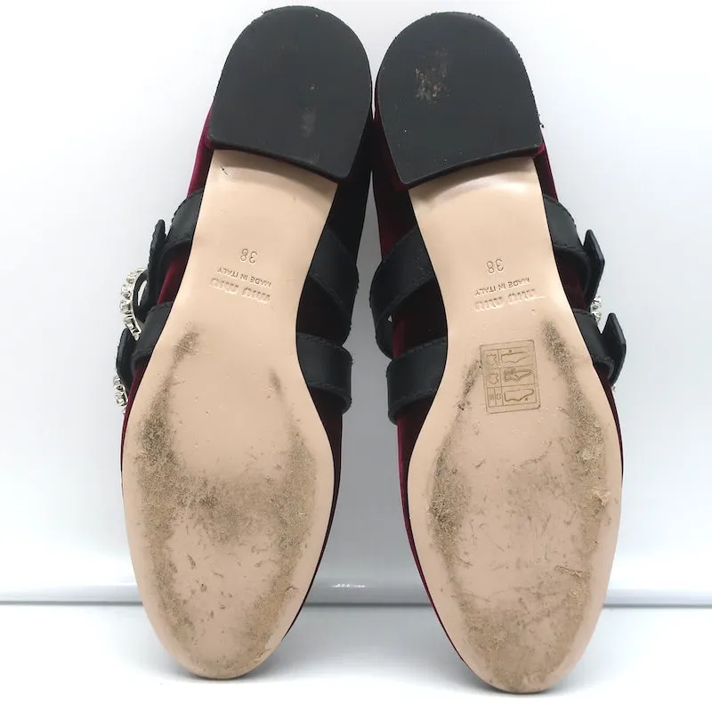 Miu Miu Crystal Buckle Mary Jane Flats Bordeaux Velvet Size 38
