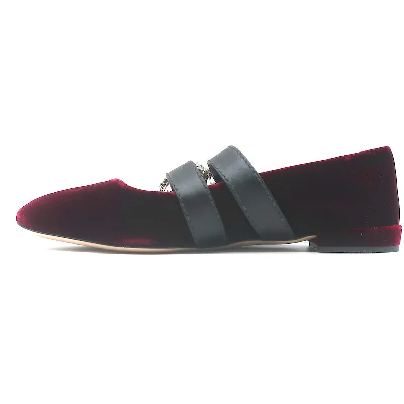 Miu Miu Crystal Buckle Mary Jane Flats Bordeaux Velvet Size 38