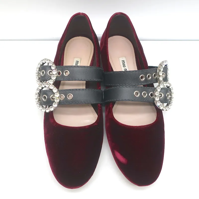 Miu Miu Crystal Buckle Mary Jane Flats Bordeaux Velvet Size 38
