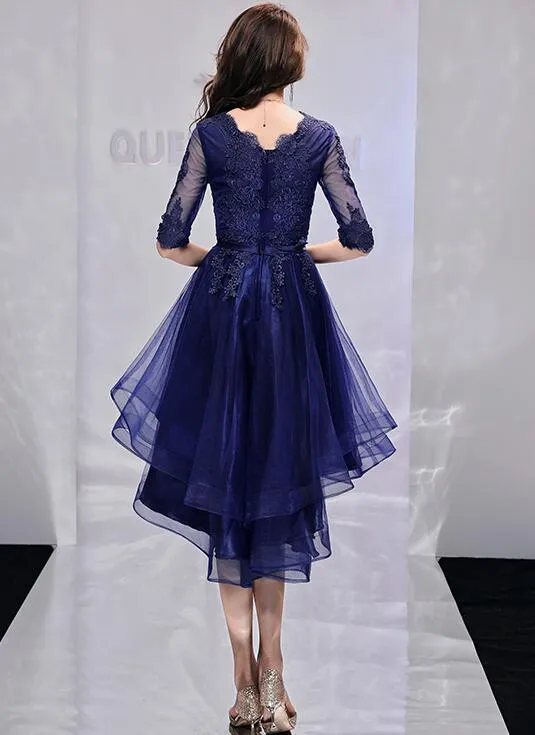 Navy Blue Short Sleeves High Low Homecoming Dress with Lace, Short Sleeves Prom Dress Party Dress
