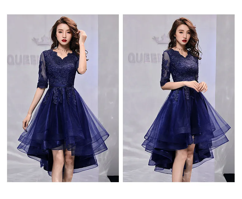 Navy Blue Short Sleeves High Low Homecoming Dress with Lace, Short Sleeves Prom Dress Party Dress