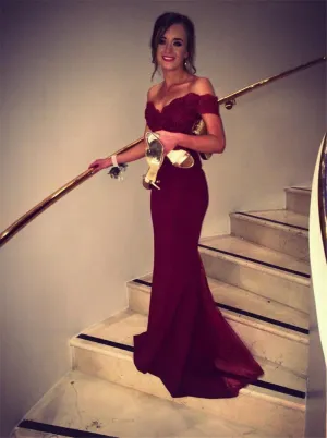Off Shoulder V Neck Mermaid Prom Dress,Lace Burgundy Mermaid Prom Evening Dress,Mermaid Burgundy Bridesmaid Dress,Sexy Formal Evening Dress,Wedding Party Dress